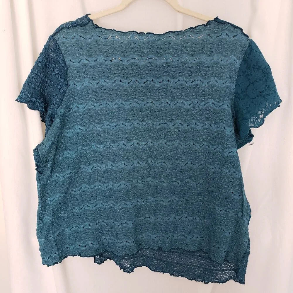 Woman Blue Teal See Through Unique Design Pattern Short Sleeve Blouse Top - Picture 9 of 10